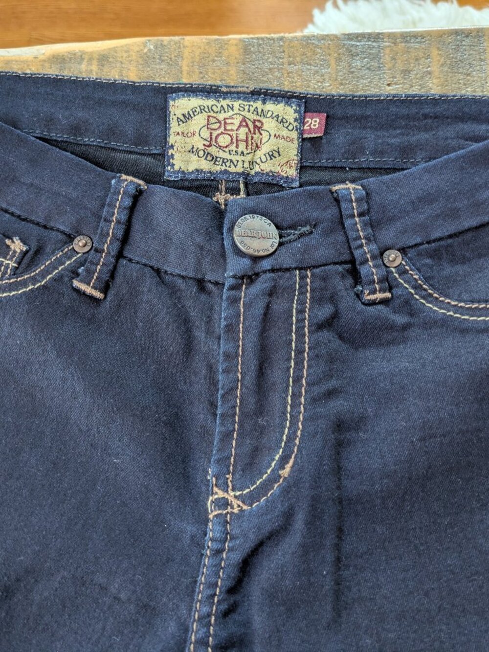 american standard dear John dark blue stretch jean zipper button size 28 #456